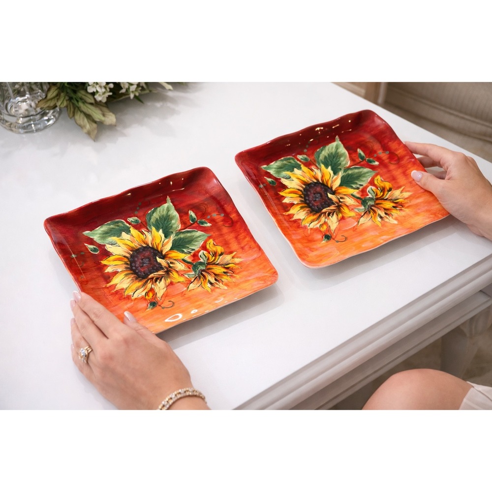 Maxcera Sunset Sunflower Hand Painted Ceramic‎ Square Plates Set of 2 Scalloped